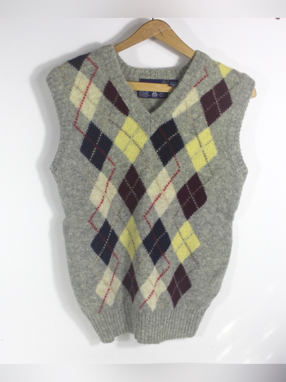 80βs Vintage Wool Argyle Sweater Vest Size Small Preppy Cozy Gray Burgundy Blue